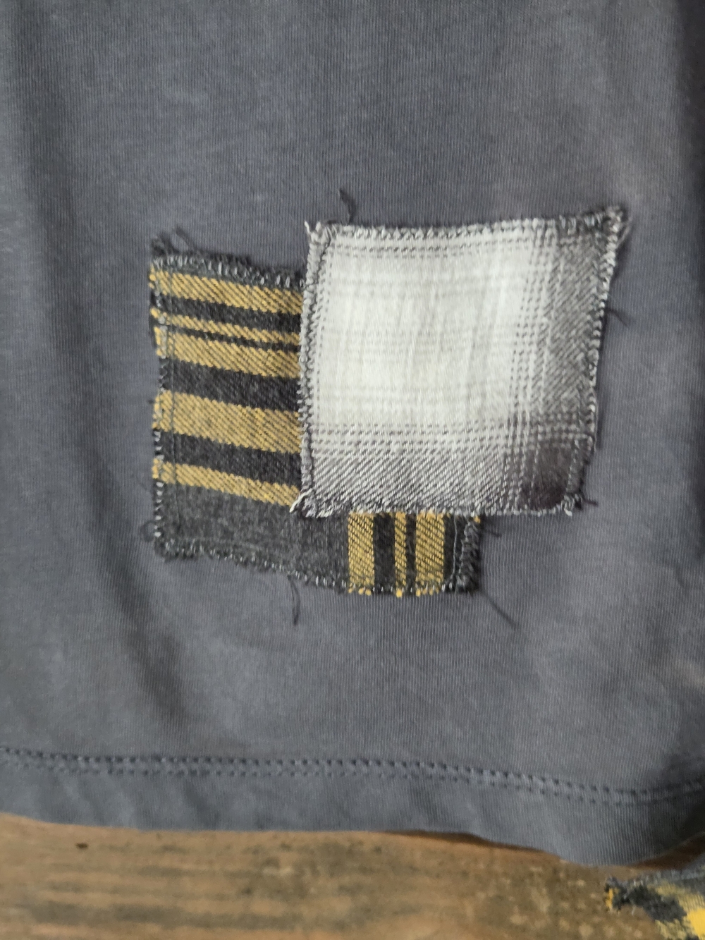 Upcycled AC/DC  High Voltage Grey Graphic Tee with Yellow Plaid Sleeves. - Picture 8 of 12